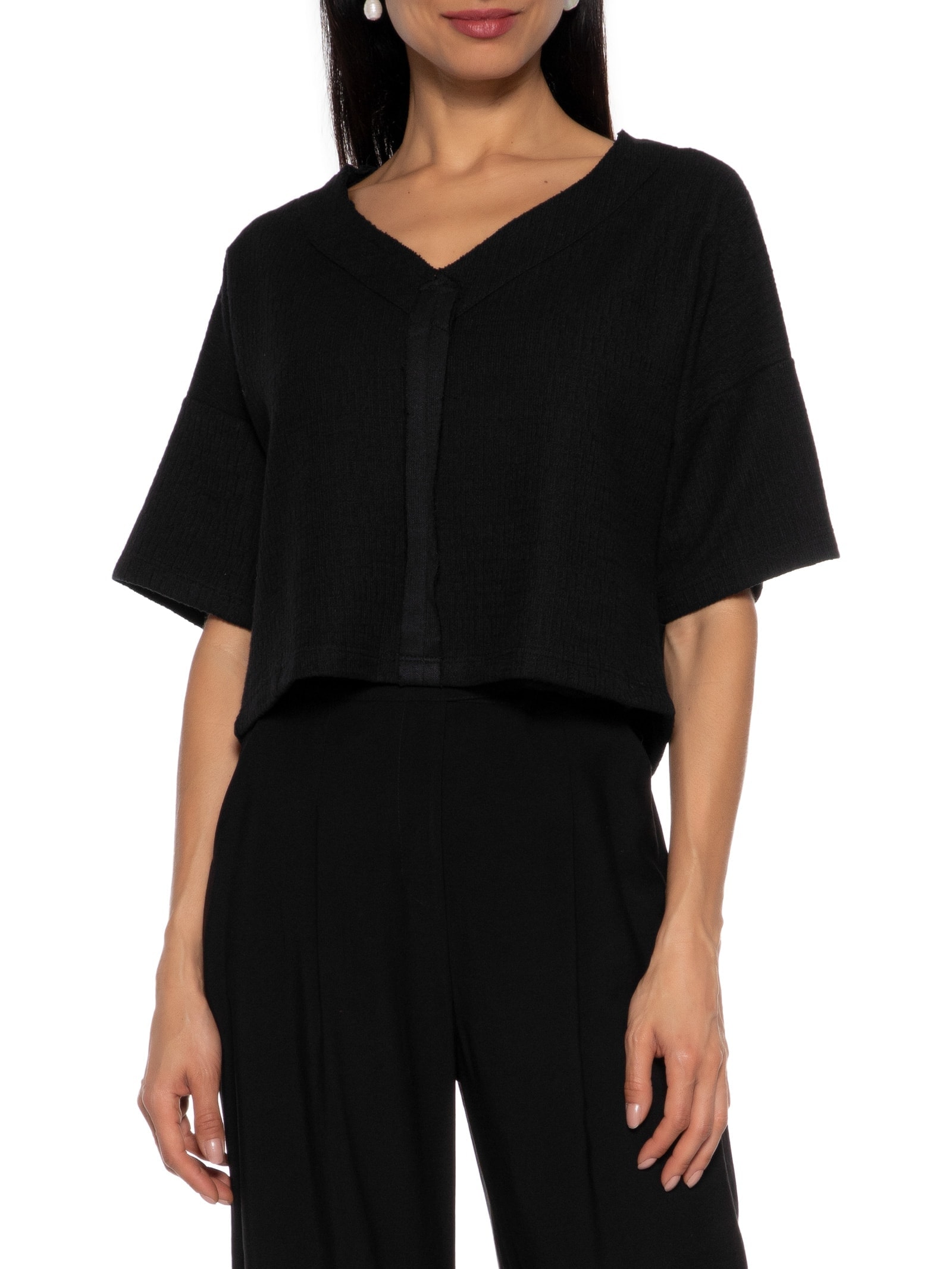 Blusa Manga Curta Texturizada Preto Basiq