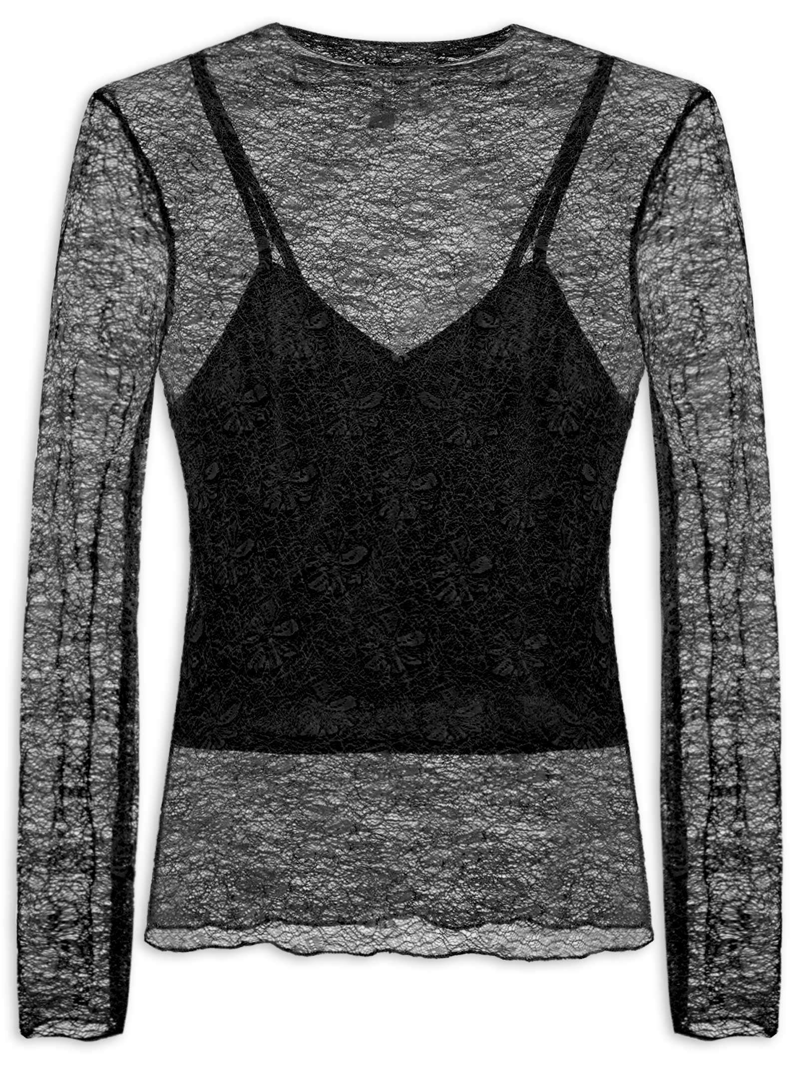 Blusa Manga Longa Feminina em Renda – Preto Market 33