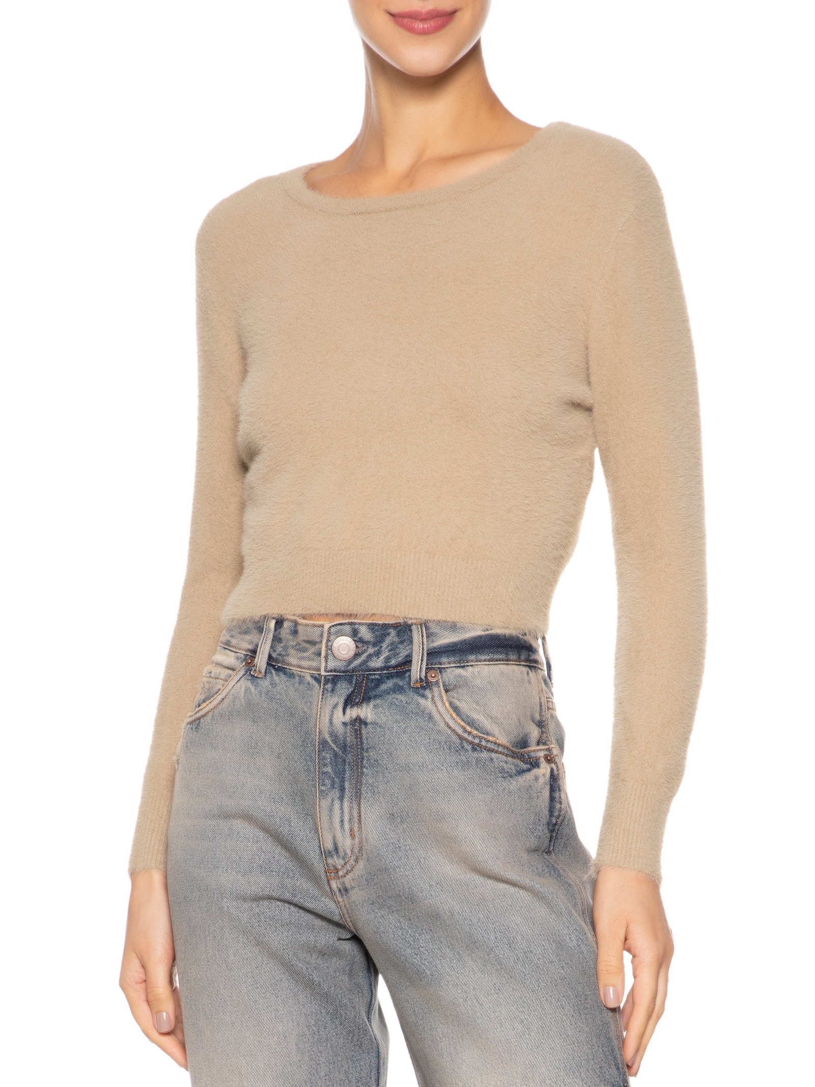 Blusa Manga Longa Feminina Em Tricot Peluciado Bege  Market 33