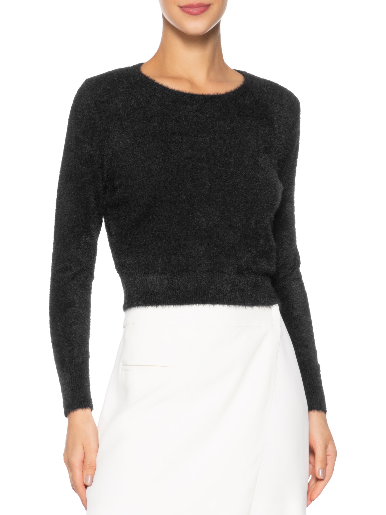 Blusa Manga Longa Feminina Em Tricot Peluciado Preto  Market 33