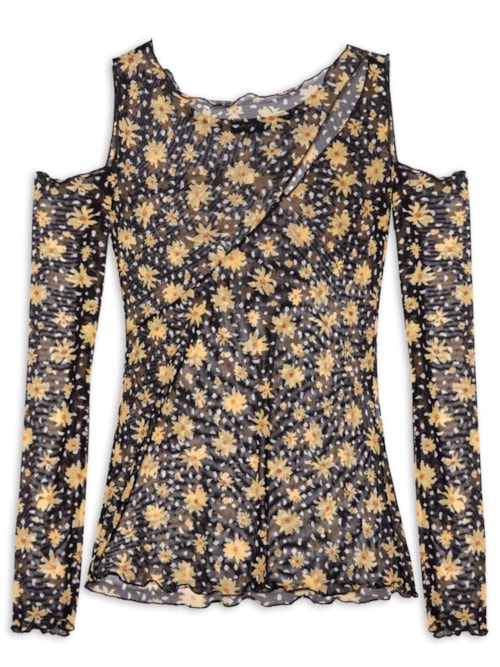 Blusa Manga Longa Tule Com Recortes – Preto