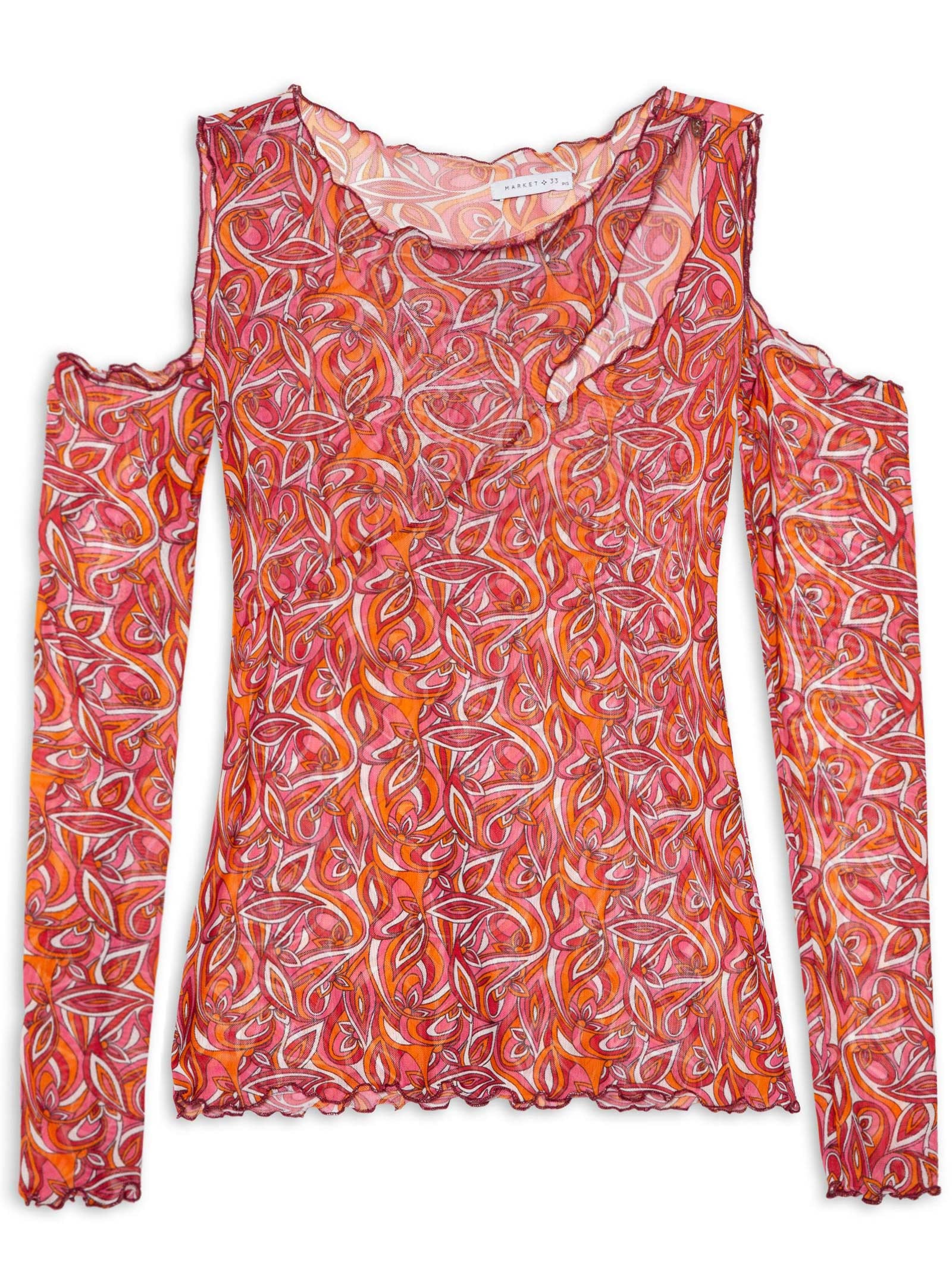 Blusa Manga Longa Tule Com Recortes Rosa Market 33