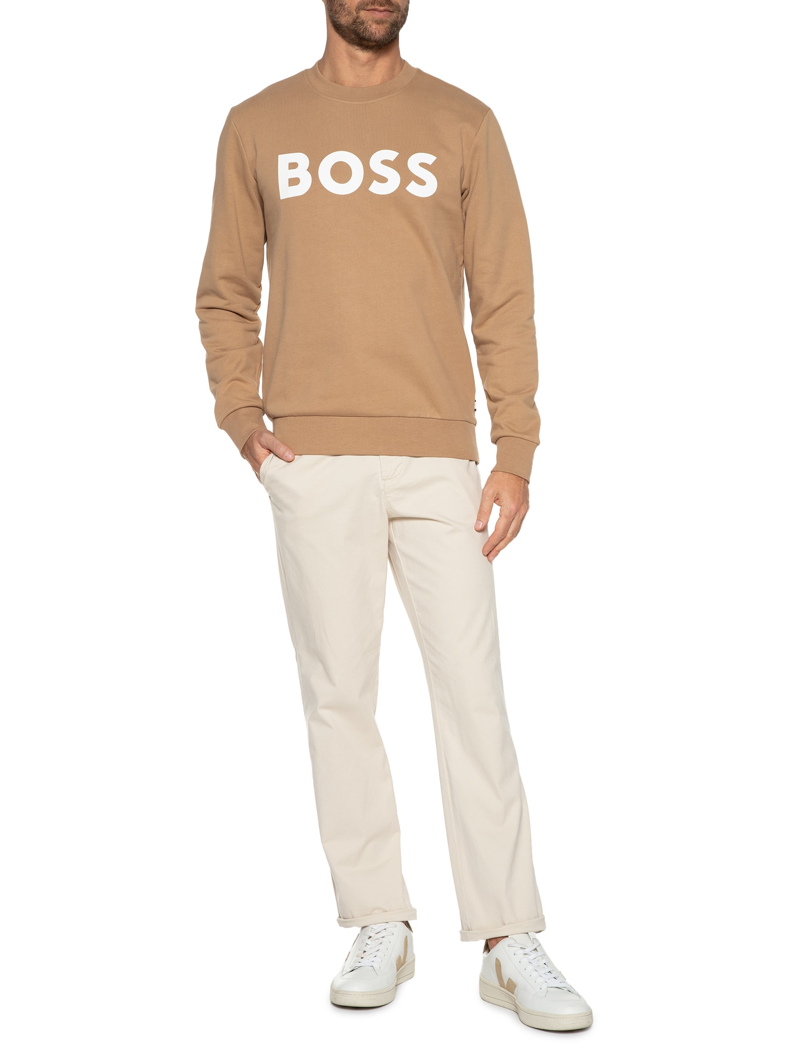 Blusa Masculina de Moletom Gola Careca Soleri Bege Boss