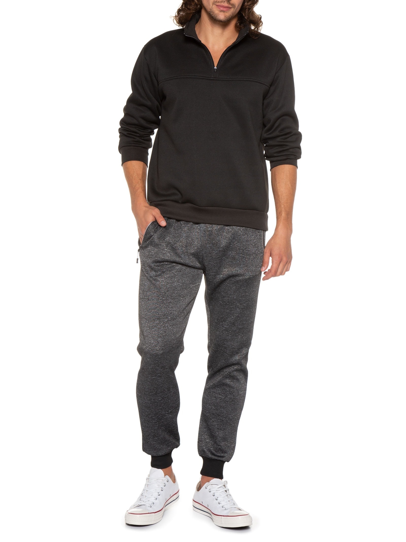 Blusa Masculina Gola Alta Meio Zíper Moletom Felpado Preto Basiq Men