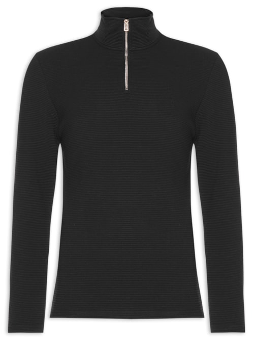 Blusa Masculina Moletom Canelado Liso Gola Alta Half Zip – Preto