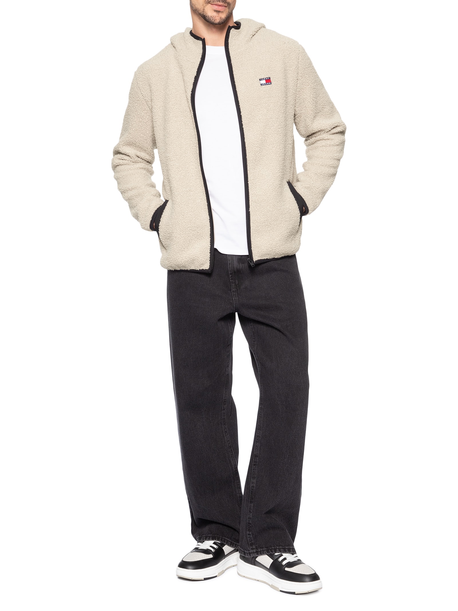 Blusa Masculina Regular Fit Badge Teddy Em Fleece Bege Tommy Jeans