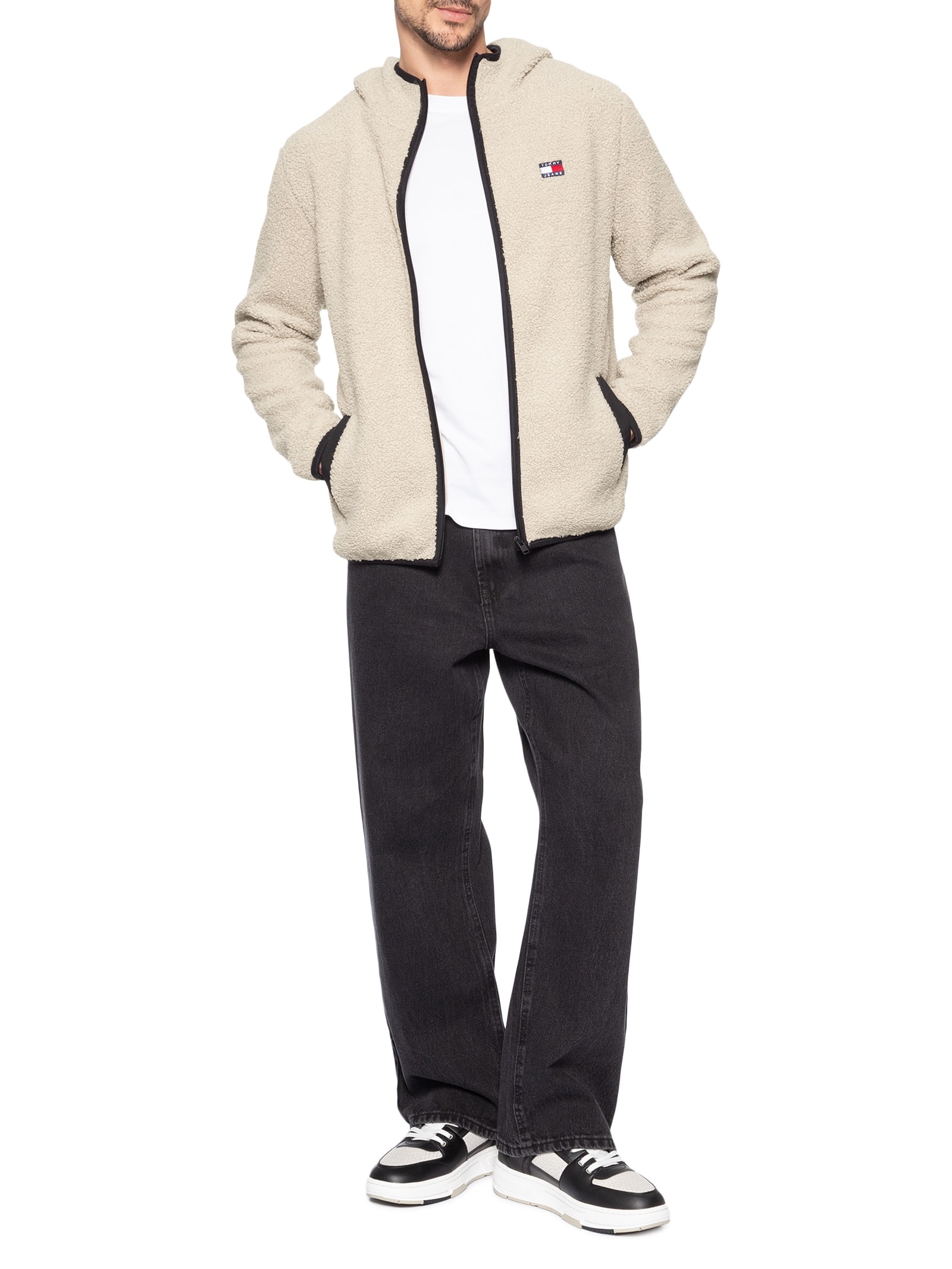 Blusa Masculina Regular Fit Badge Teddy Em Fleece Bege Tommy Jeans