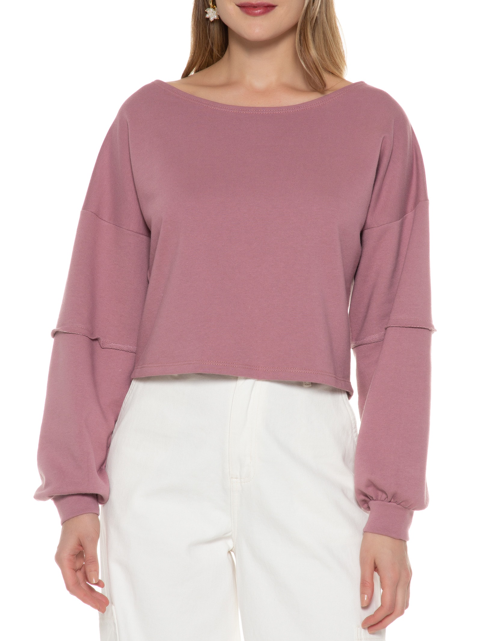 Blusa Moletom Costa Aberta Gola Canoa Lilás Basiq