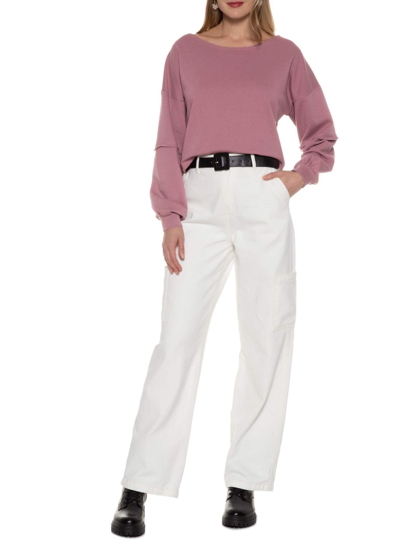 Blusa Moletom Costa Aberta Gola Canoa Lilás Basiq