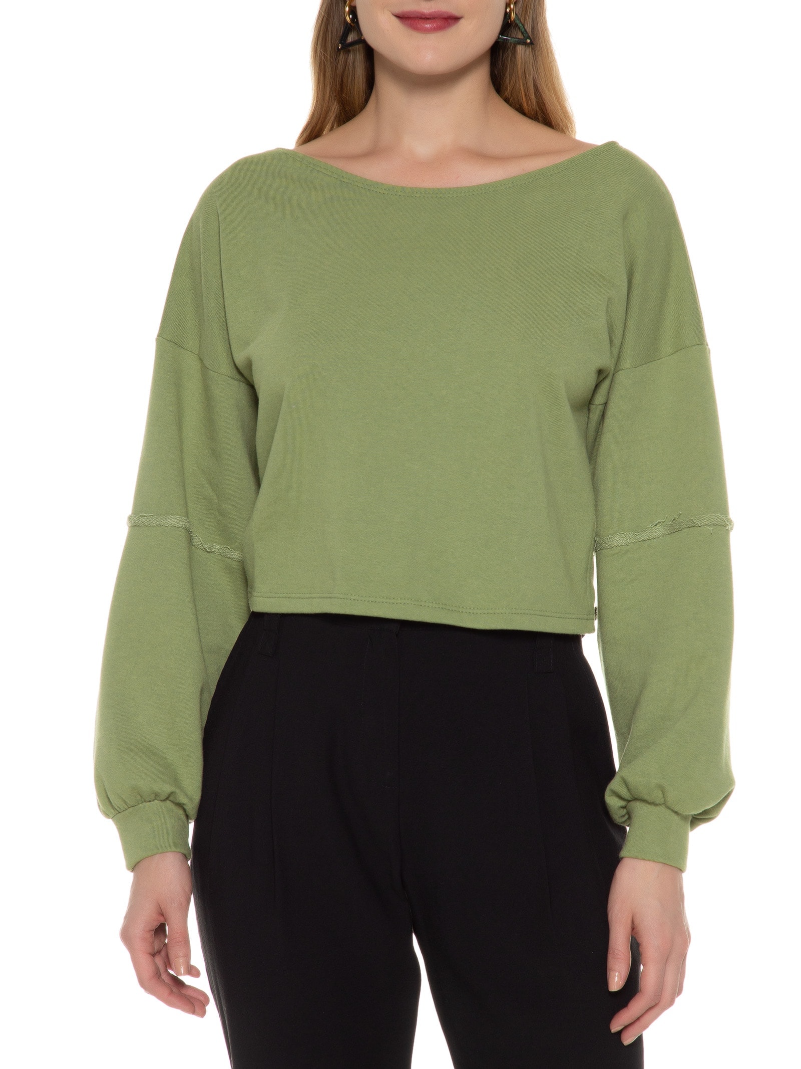 Blusa Moletom Costa Aberta Gola Canoa Verde Basiq