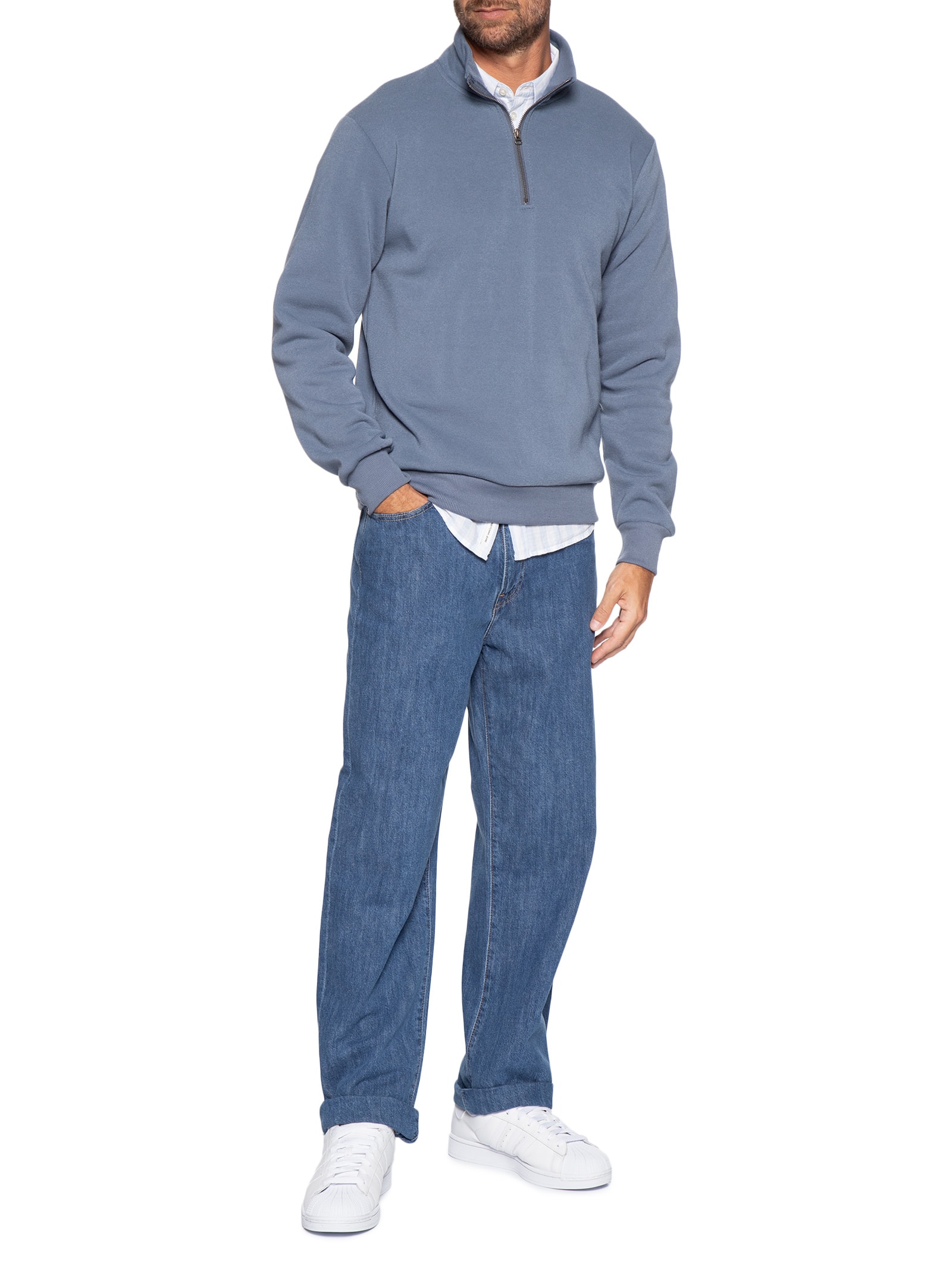 Blusa Moletom Masculina Meio Zíper Azul Basiq Men