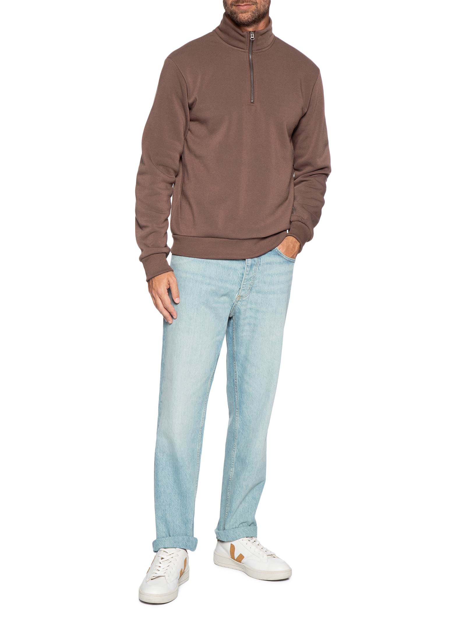 Blusa Moletom Masculino Meio Zíper Marrom Basiq Men