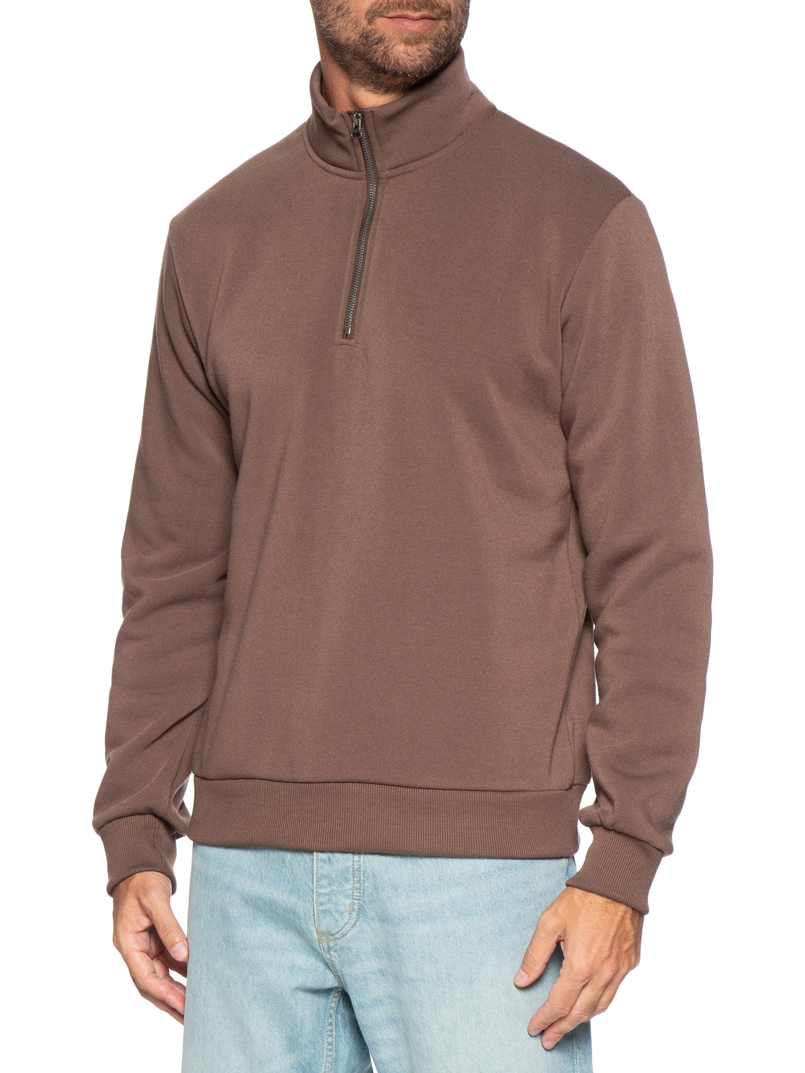 Blusa Moletom Masculino Meio Zíper Marrom Basiq Men