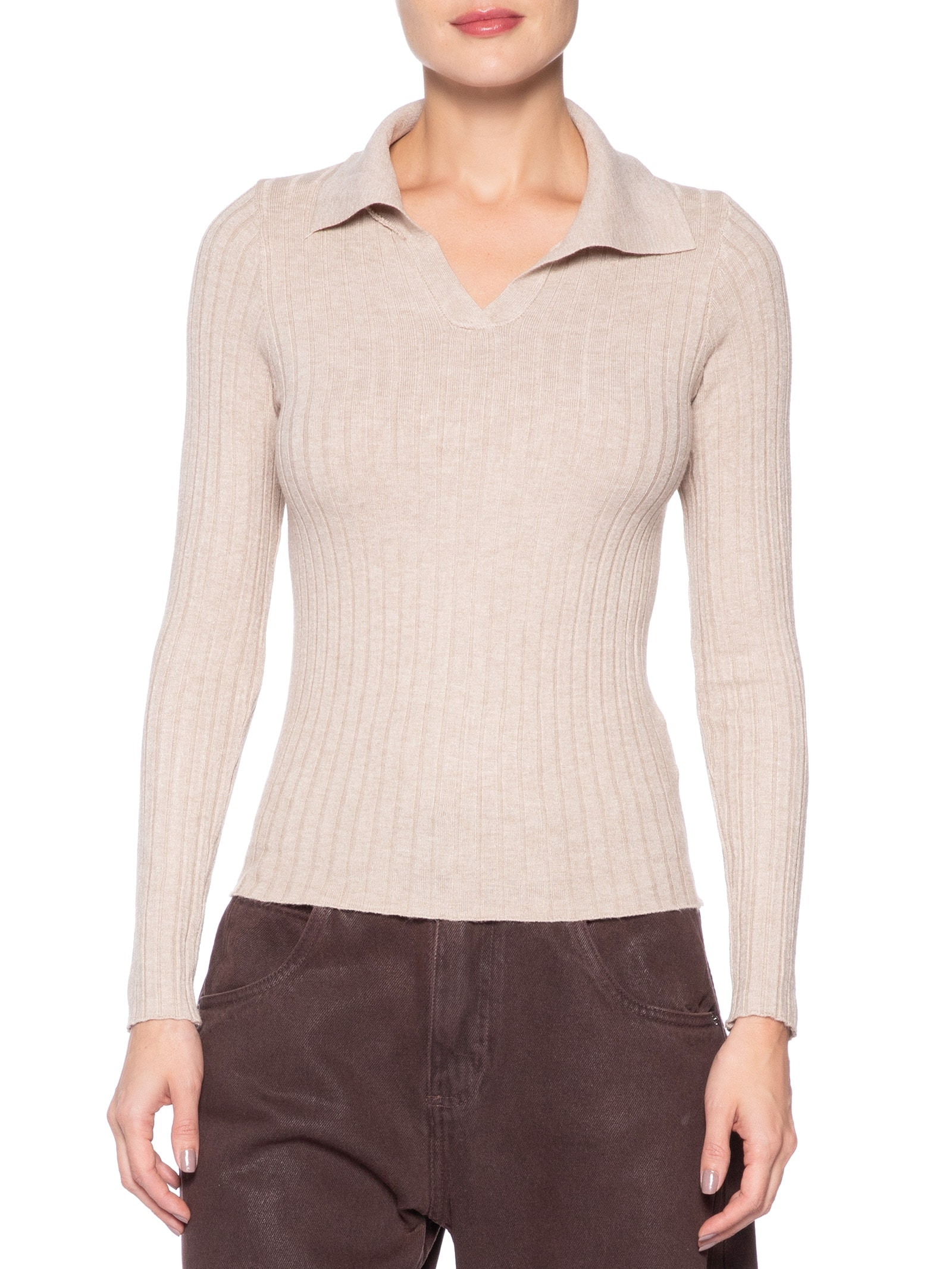 Blusa Polo Feminina Em Tricot Bege Market 33