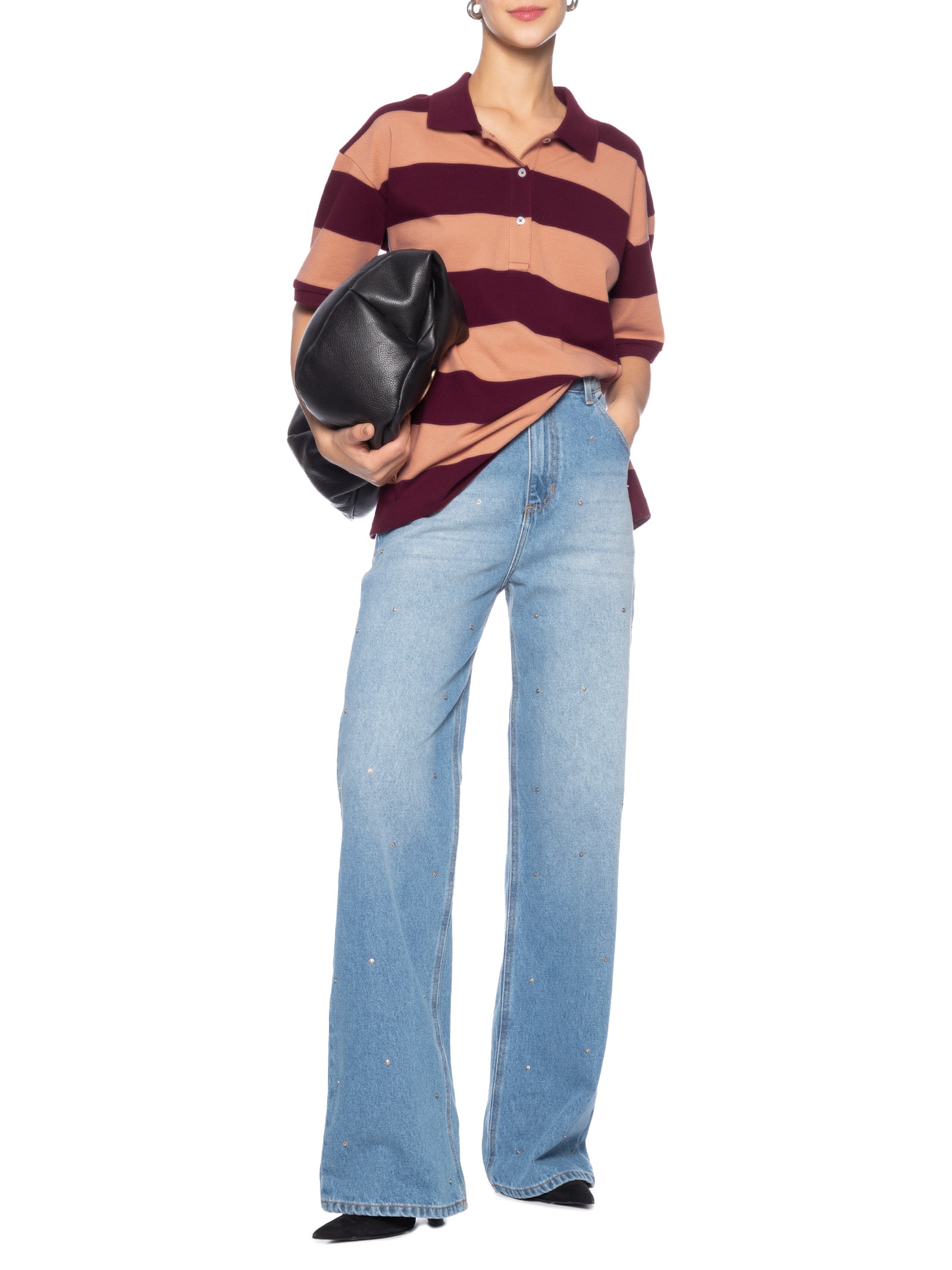 Blusa Polo Feminina Oversize Fio Tinto Listrado V Rosa Animale