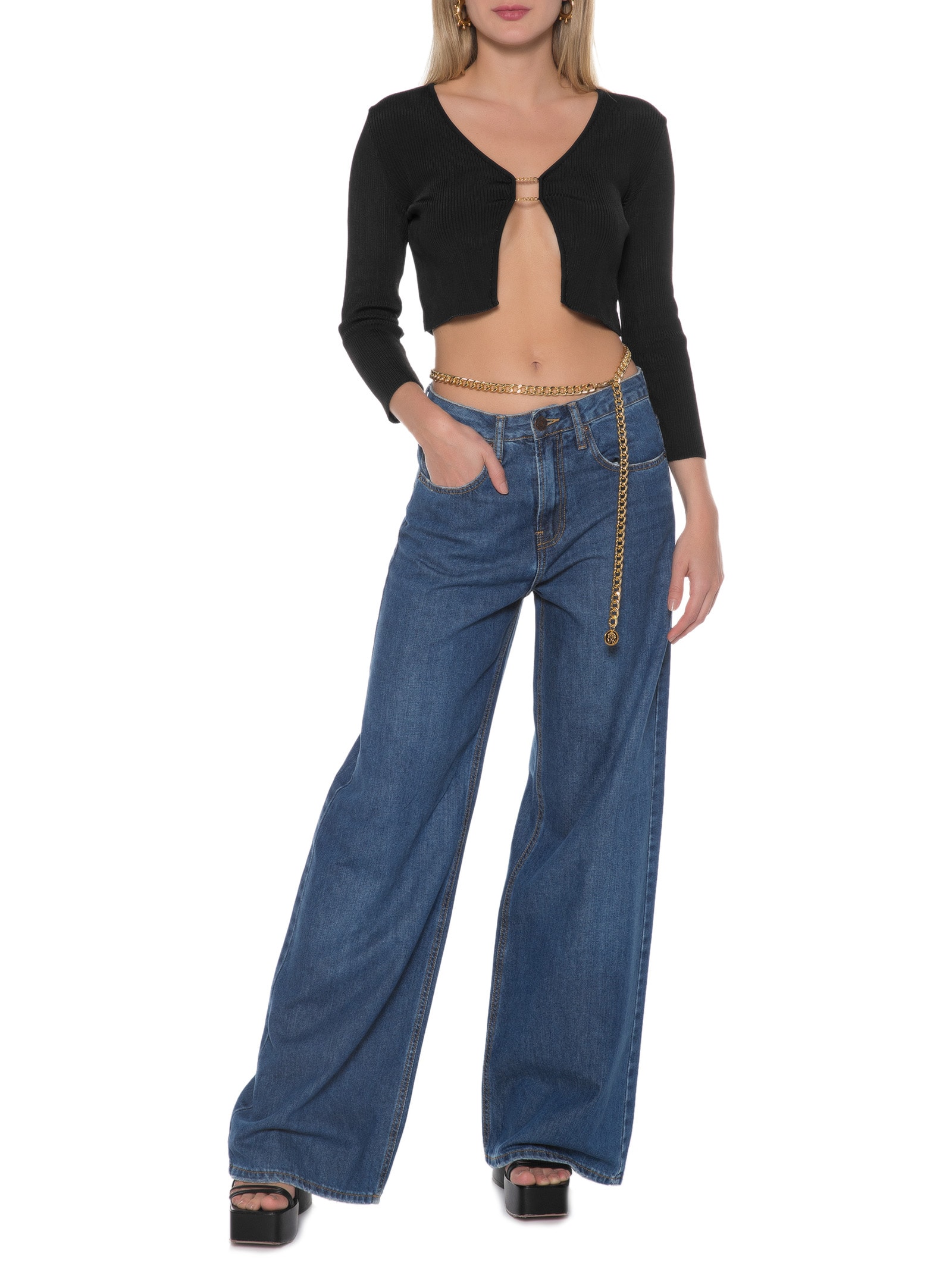 Blusa Tricot Com Detalhe Metal Preto Open