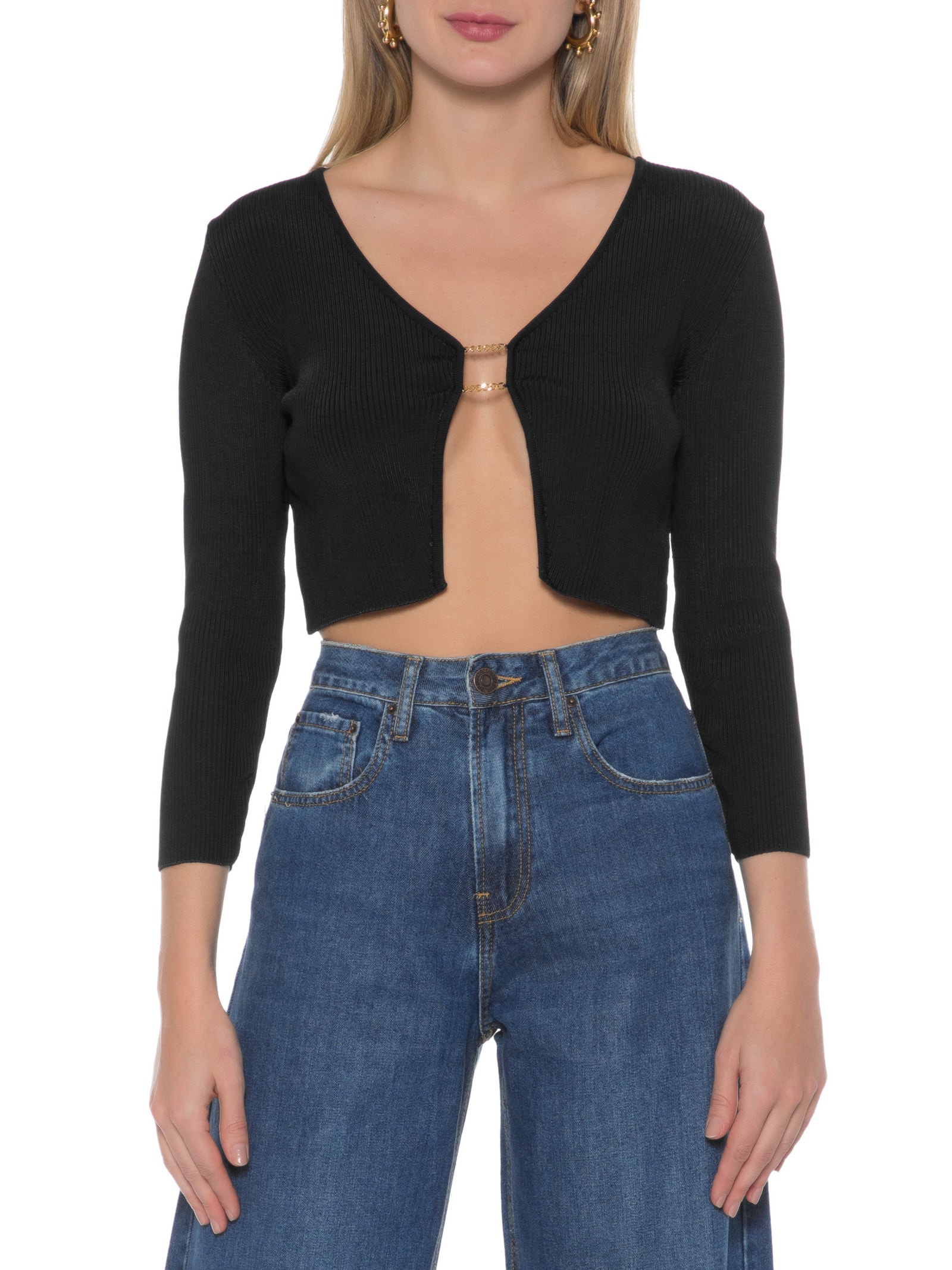 Blusa Tricot Com Detalhe Metal Preto Open