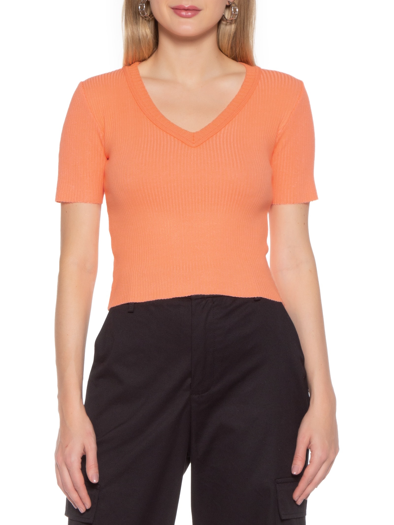 Blusa Tricot Manga Curta Laranja Market 33