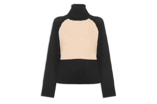 Blusão Feminino De Tricot Pull Bicolor Gola Alta - Preto
