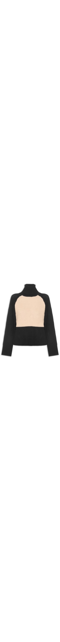 Blusão Feminino De Tricot Pull Bicolor Gola Alta - Preto