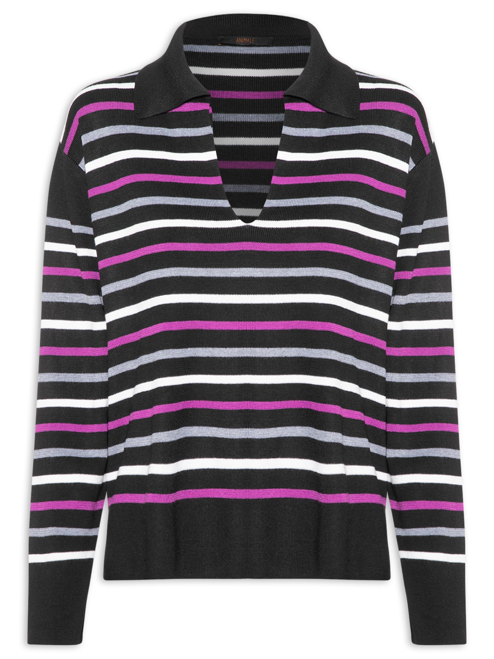 Blusão Feminino De Tricot Pull Listrado Com Decote Polo Preto Animale