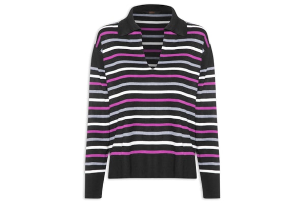 Blusão Feminino De Tricot Pull Listrado Com Decote Polo - Preto
