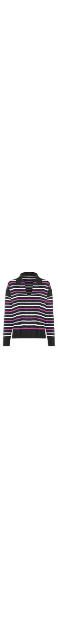Blusão Feminino De Tricot Pull Listrado Com Decote Polo - Preto