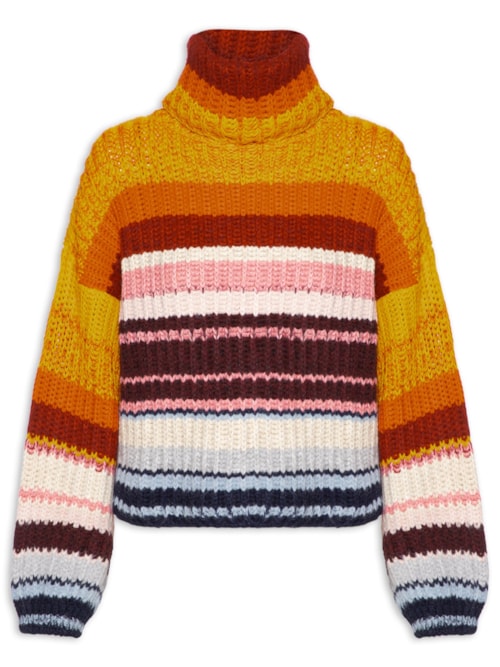 Blusão Feminino De Tricot Pull Listras Colors - Laranja