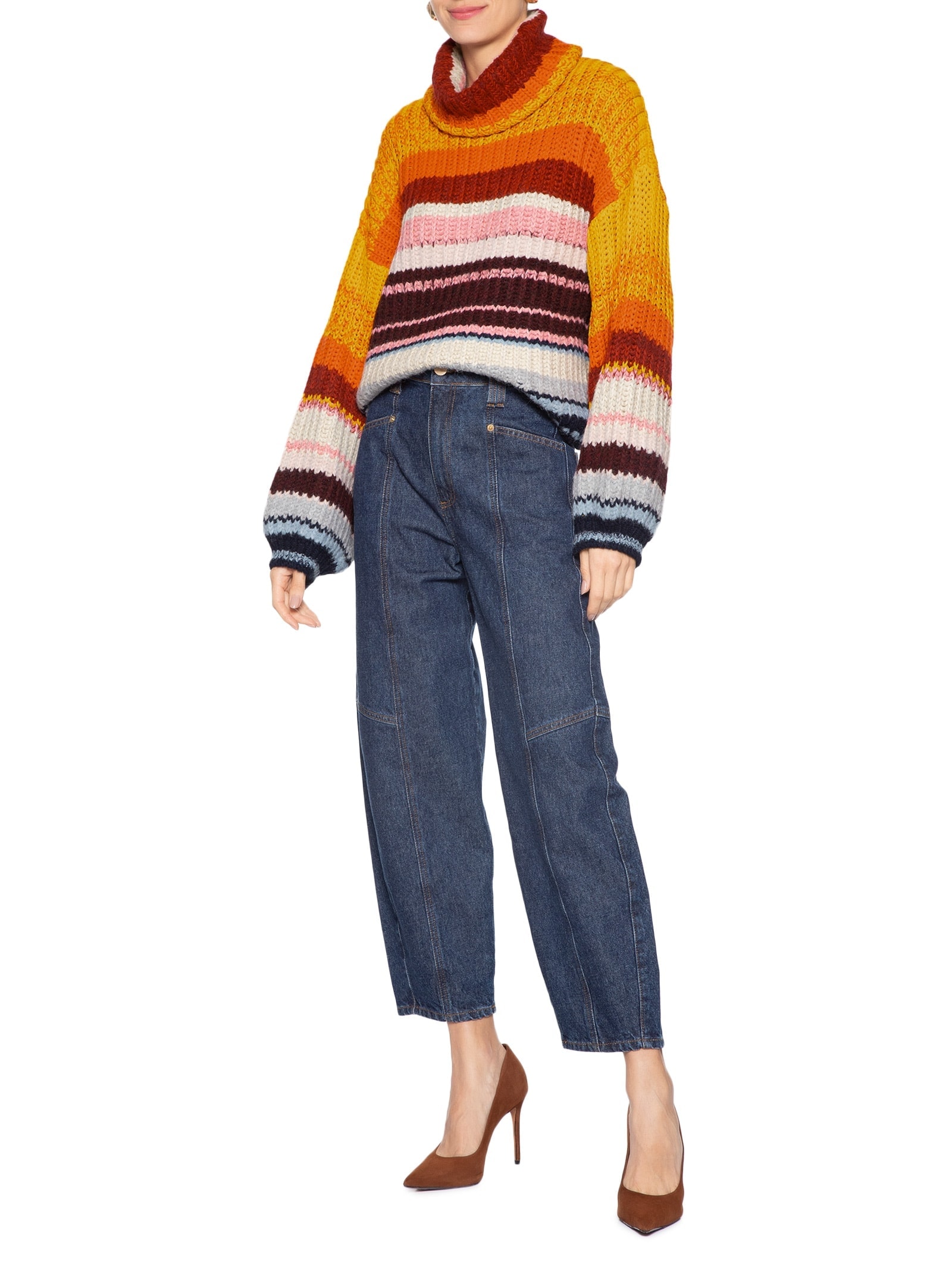 Blusão Feminino De Tricot Pull Listras Colors  Laranja Animale