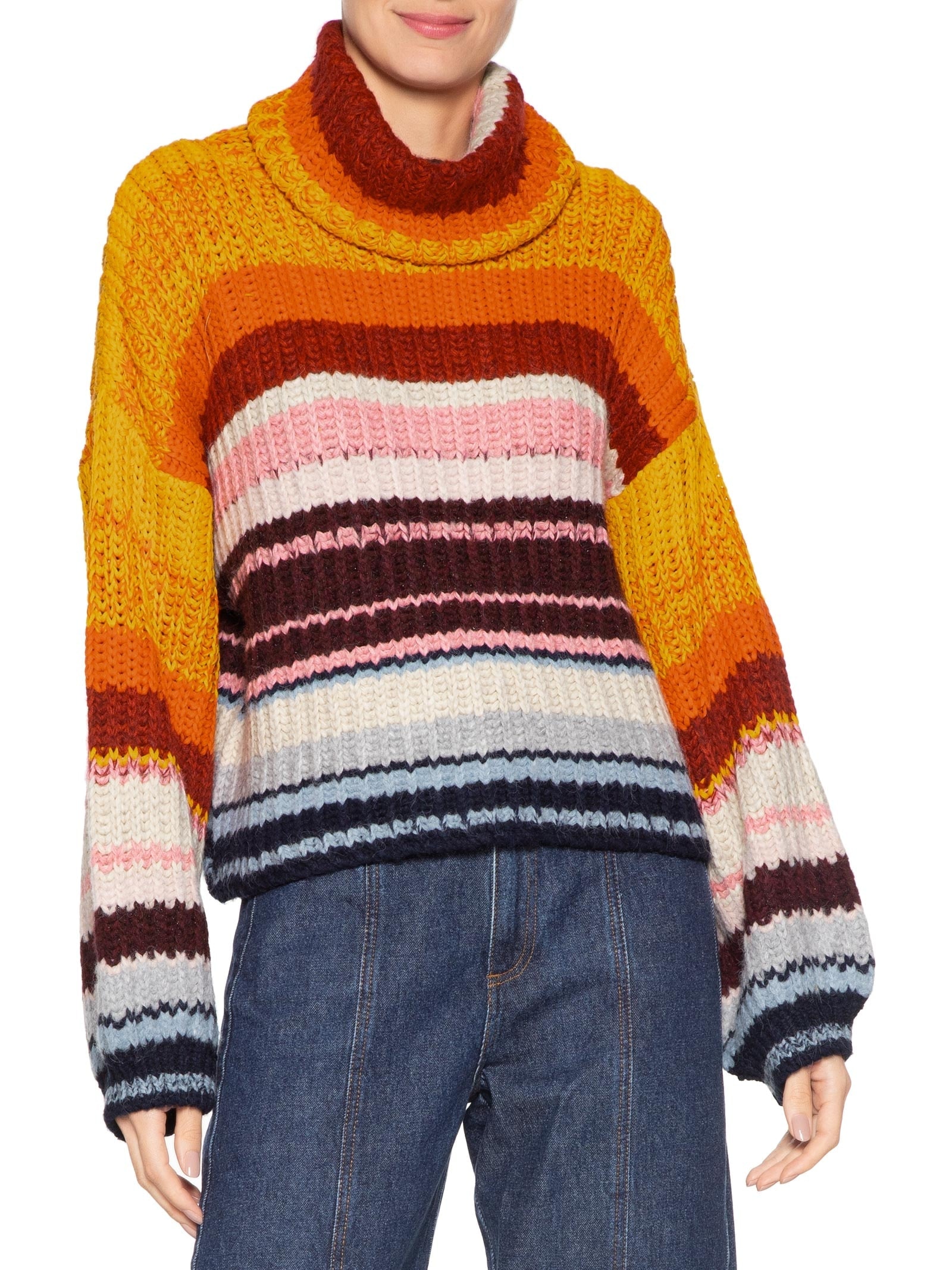Blusão Feminino De Tricot Pull Listras Colors  Laranja Animale
