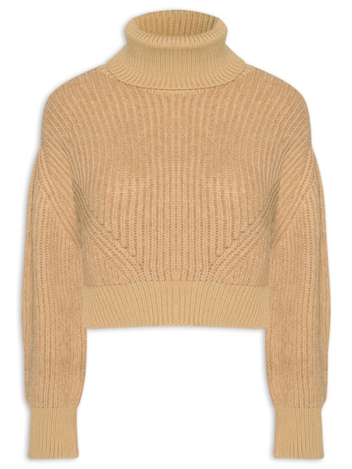 Blusão Feminino De Tricot Pull Mix Fio Com Maxi Gola - Marrom