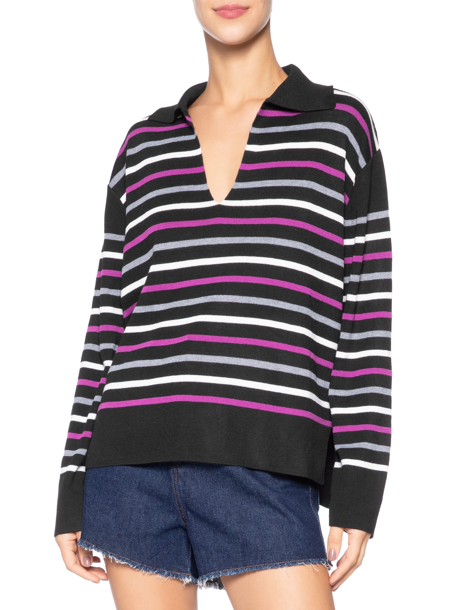Blusão Feminino Pull De Tricot Listrado Decote Polo Preto Animale