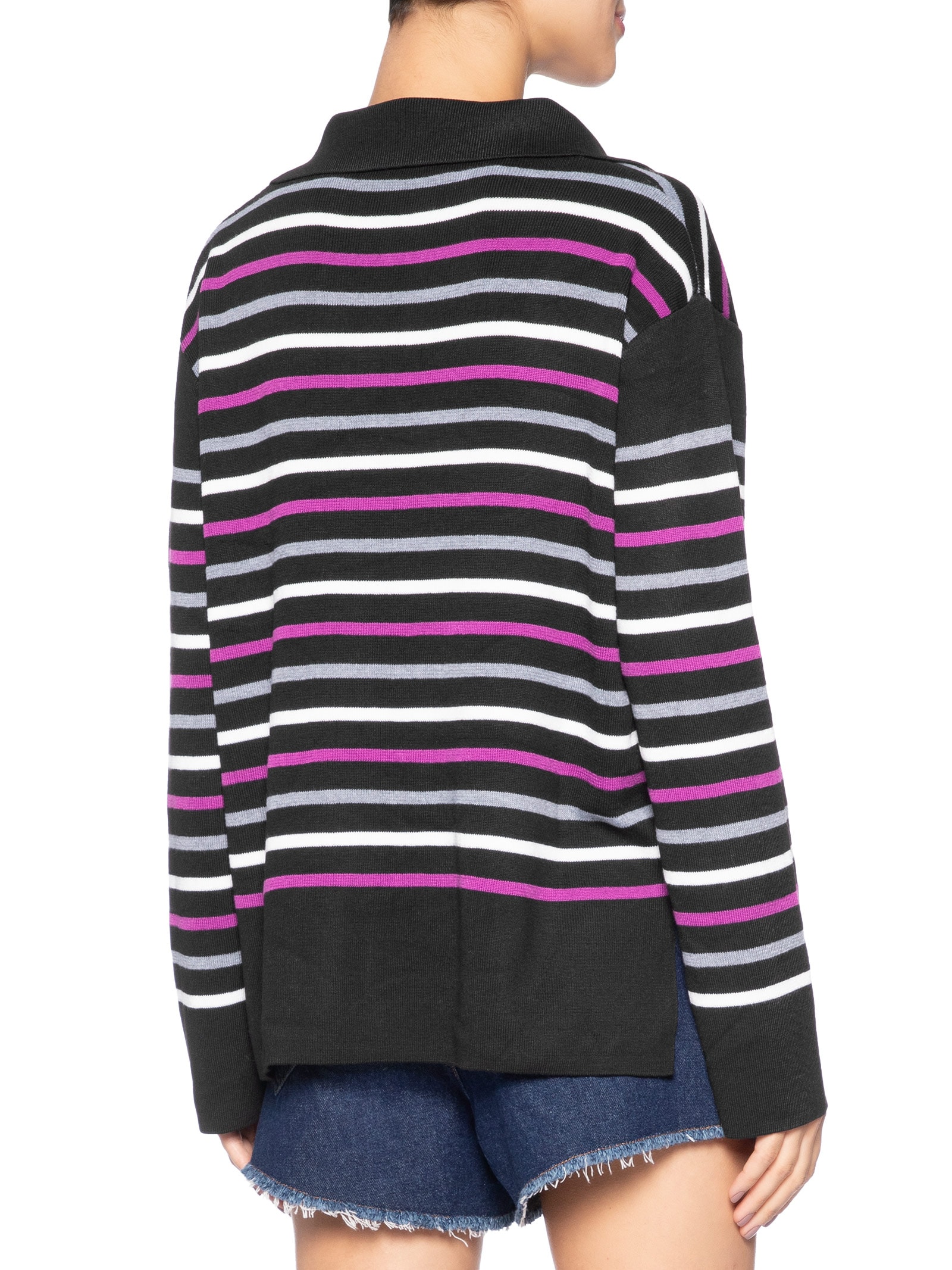 Blusão Feminino Pull De Tricot Listrado Decote Polo Preto Animale
