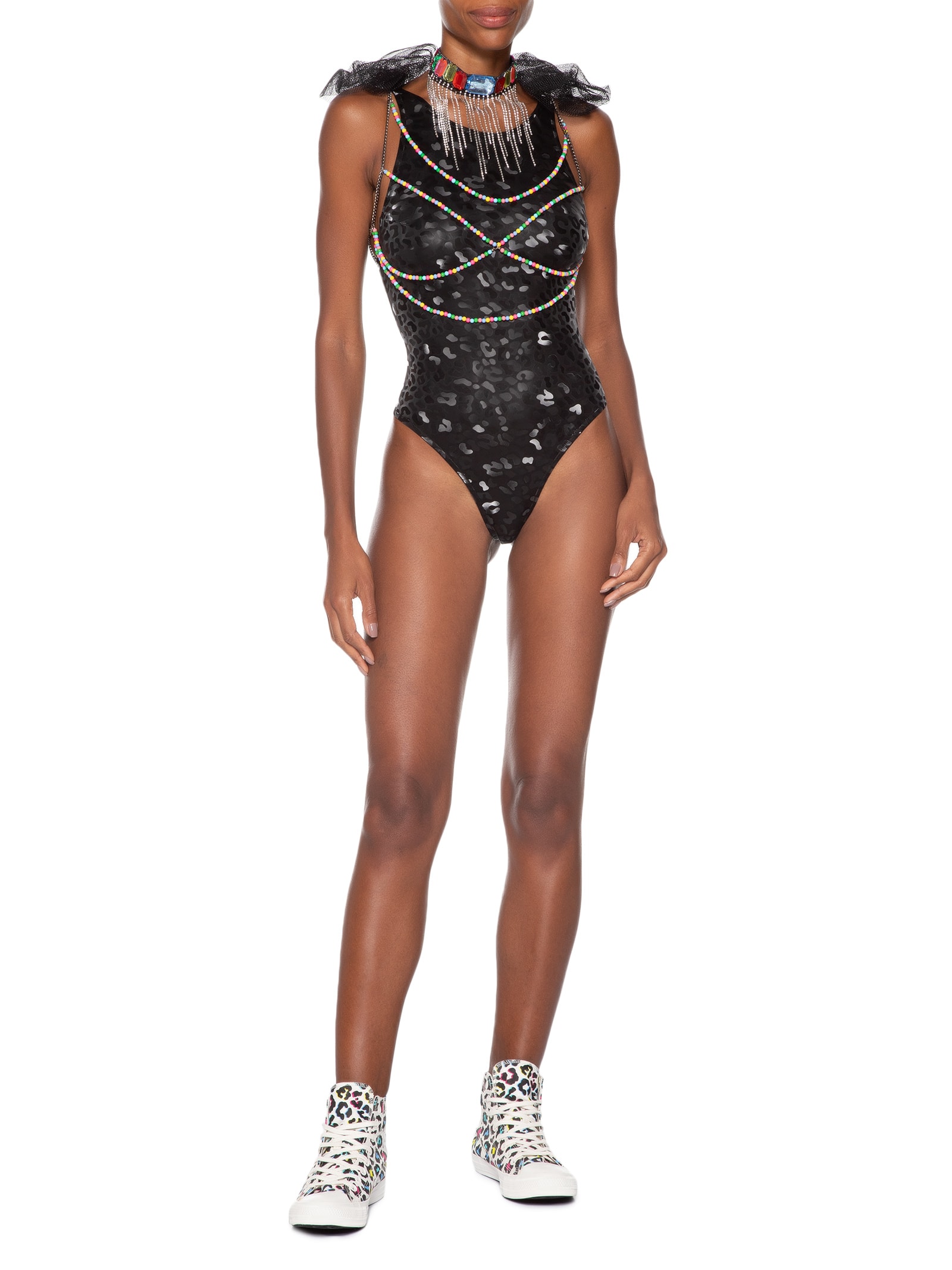 Body Chain Feminino Elke Pompom E Pedraria Bege Carnavália