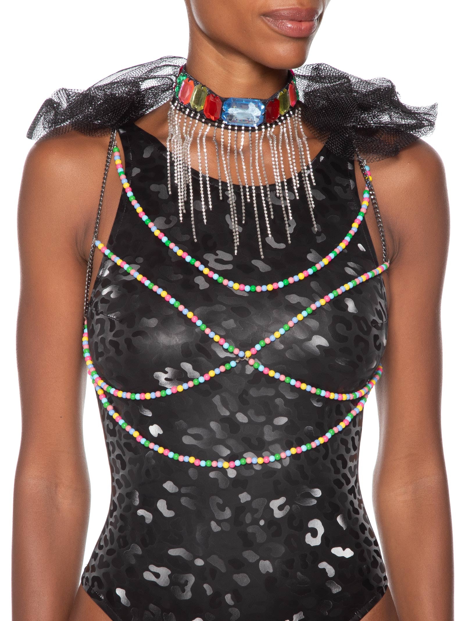 Body Chain Feminino Elke Pompom E Pedraria Bege Carnavália