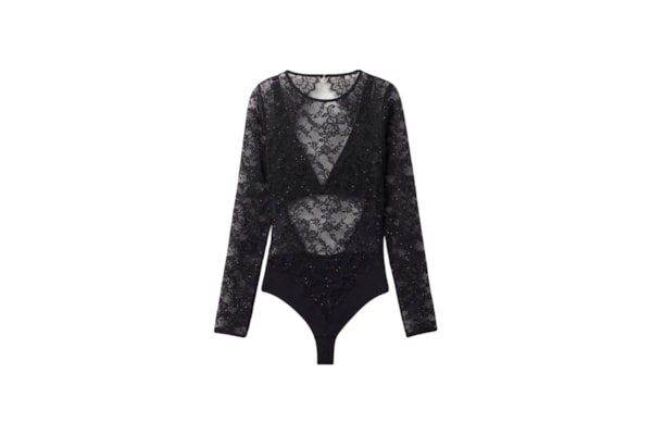 Body De Manga Comprida Em Renda Glimmer Of Pleasure - Preto