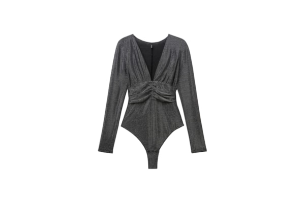 Body De Manga Comprida Lamê Shimmering Passion - Cinza