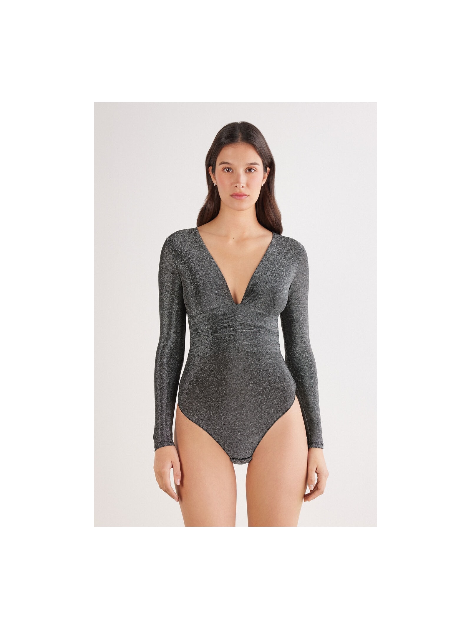 Body De Manga Comprida Lamê Shimmering Passion Cinza Intimissimi
