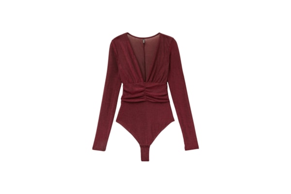 Body De Manga Comprida Lamê Shimmering Passion - Vermelho