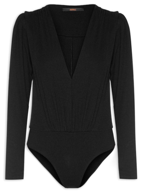 Body Decote V Manga Longa Ribana - Preto