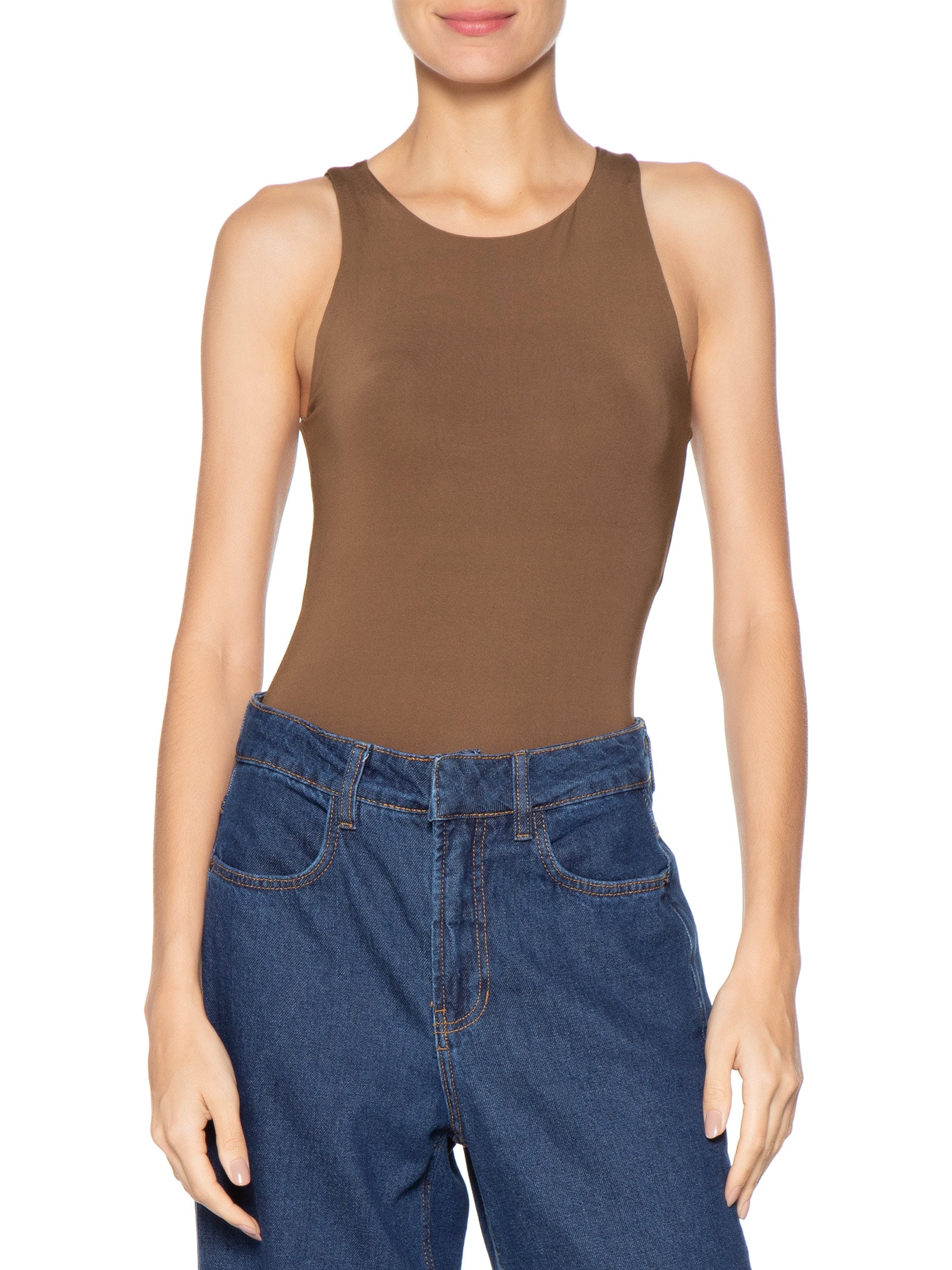 Body Feminino Básico Decote em U Marrom Basiq