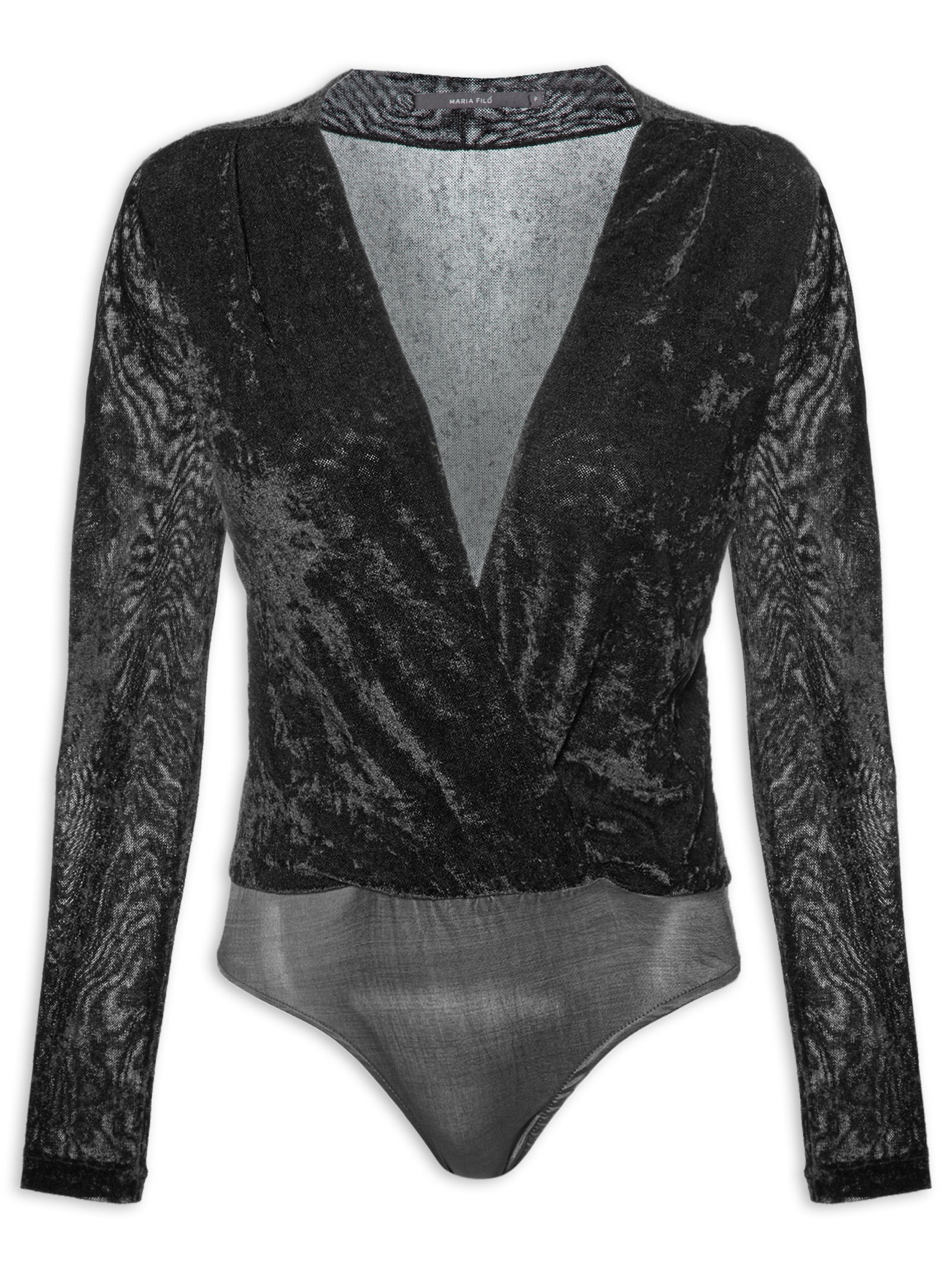 Body Feminino Decote V Tule Preto Maria Filó