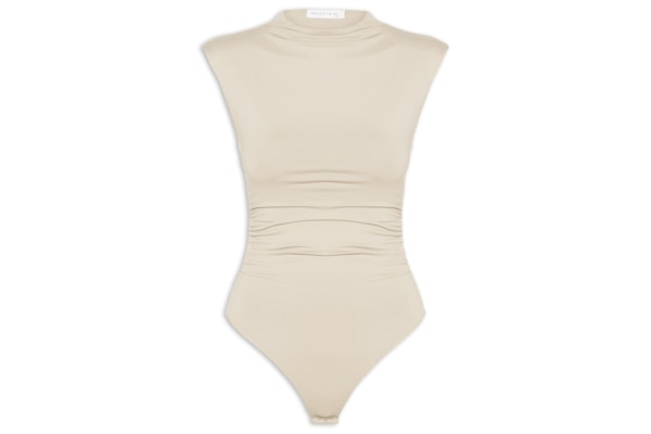 Body Feminino Em Malha Com Drapeados Laterais - Bege