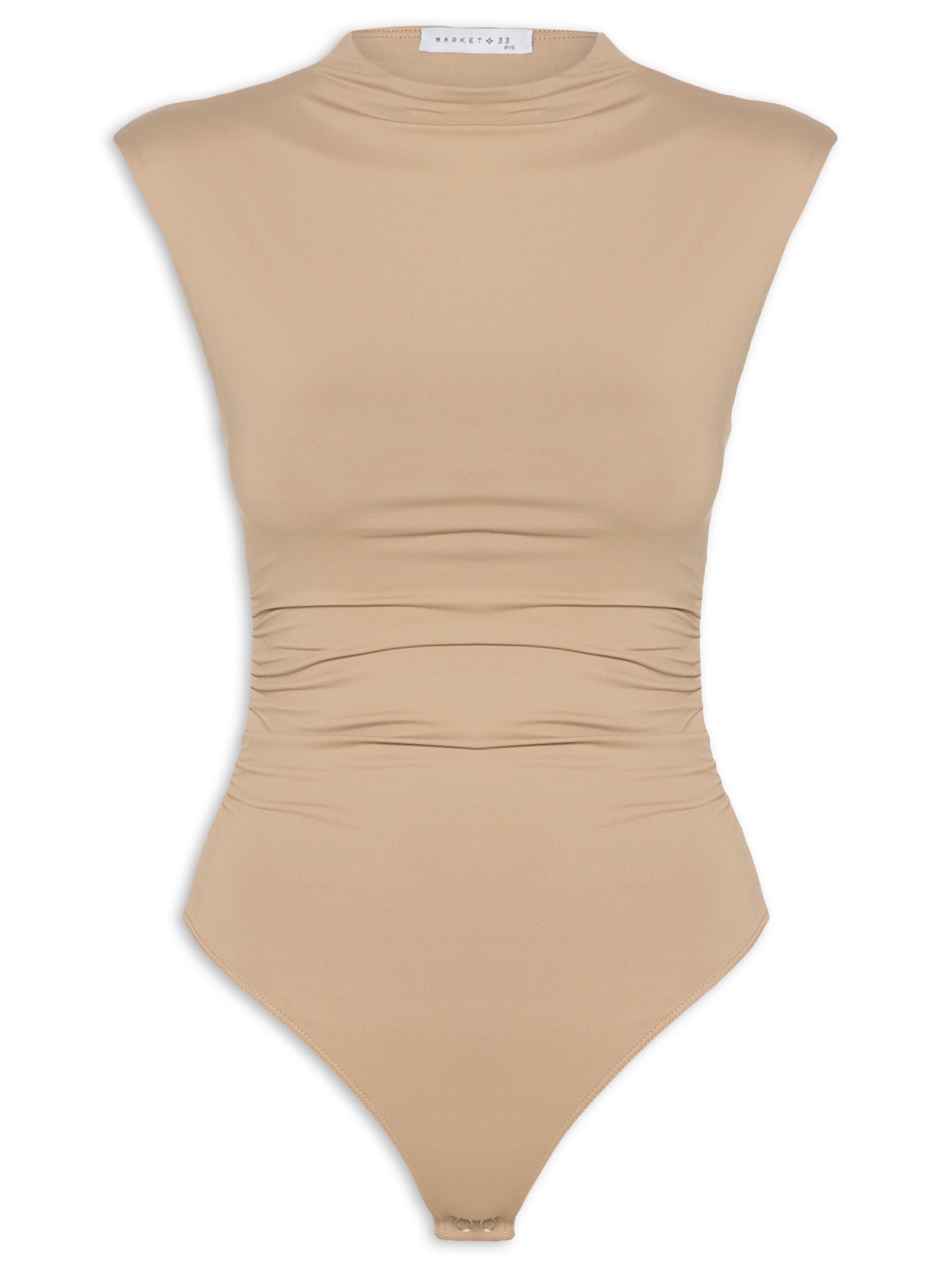 Body Feminino Em Malha Com Drapeados Laterais Bege Market 33