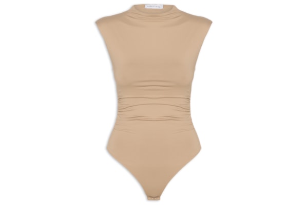 Body Feminino Em Malha Com Drapeados Laterais - Bege