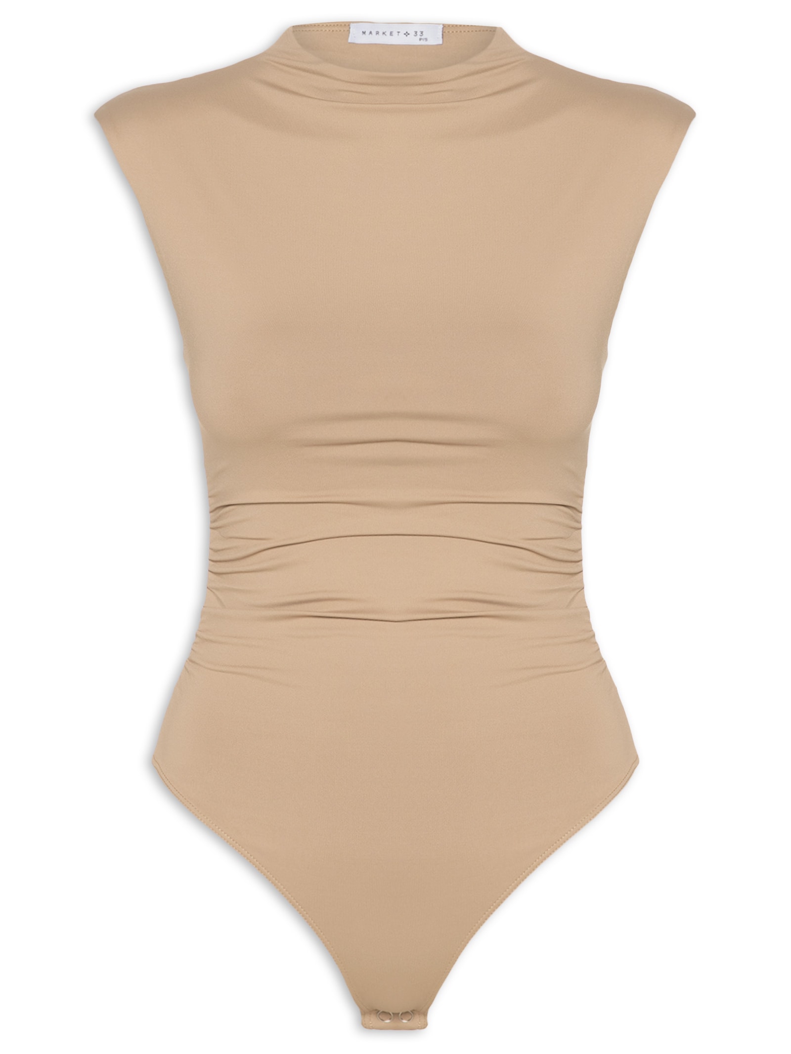 Body Feminino Em Malha Com Drapeados Laterais Bege Market 33