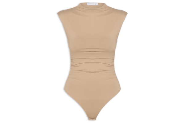 Body Feminino Em Malha Com Drapeados Laterais - Bege