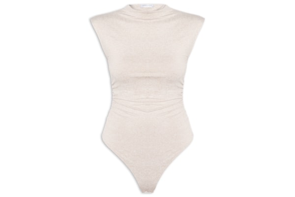 Body Feminino Em Malha Com Drapeados Laterais - Bege