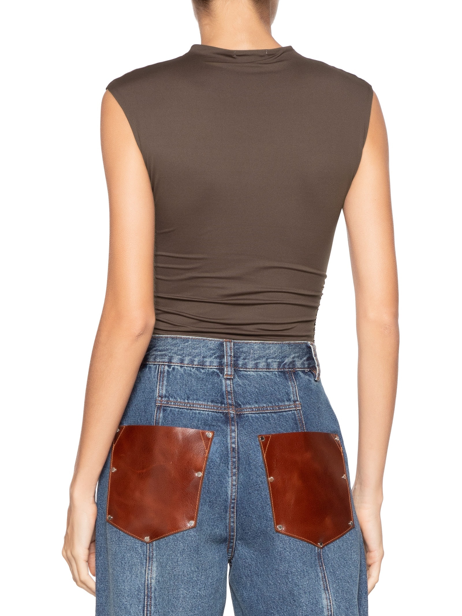 Body Feminino Em Malha Com Drapeados Laterais Marrom Market 33