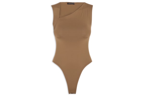 Body Feminino em Poliamida com Decote Assimétrico – Marrom
